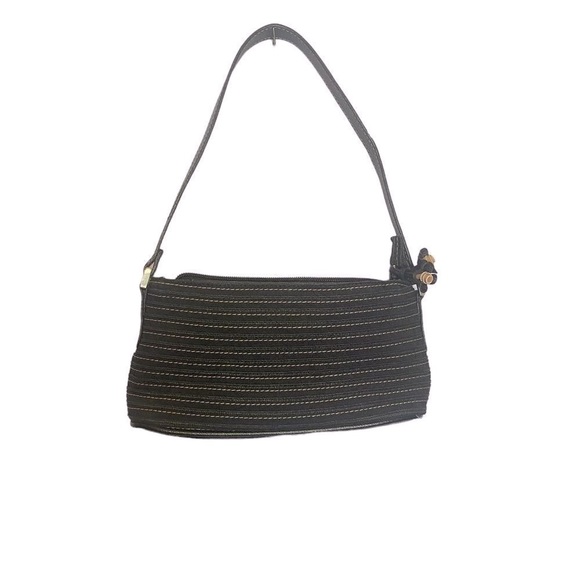 Liz Claiborne Mini Handbag, black fabric with tan pinstripe threading. NWOT - Picture 1 of 6